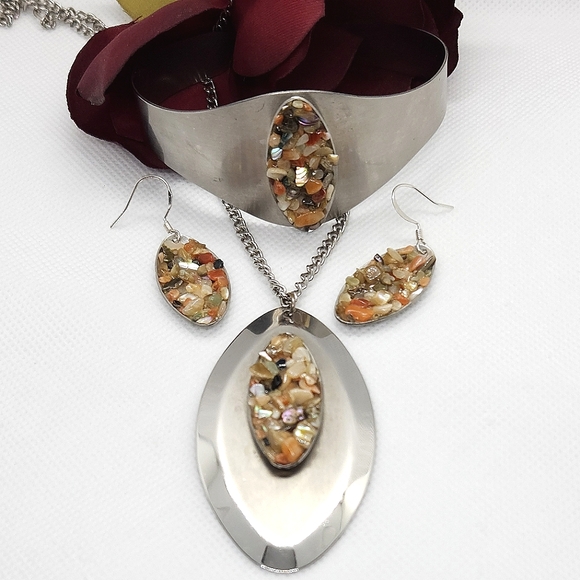 Princess Multi Stone & Abalone Shell Chip Necklace Cuff Bracelet & Earring Set - Picture 2 of 16